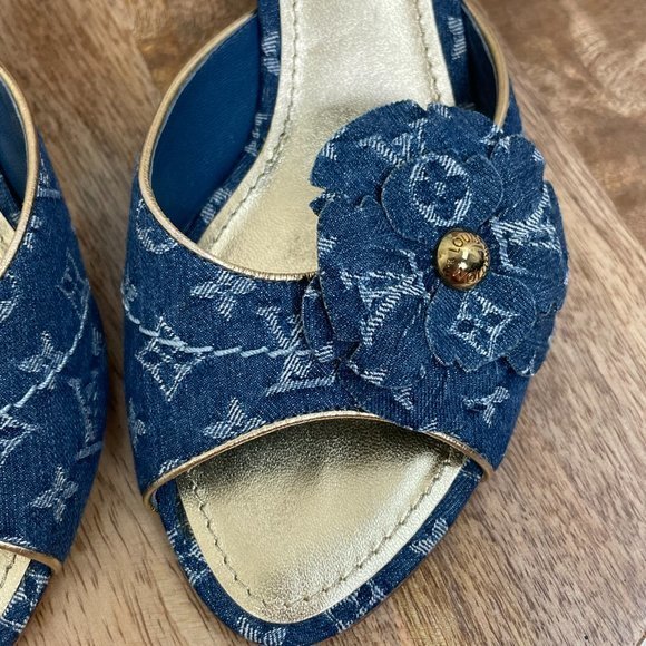 SOLD Louis Vuitton Denim Monogram Flower Slide Sandals - Picture 5 of 11